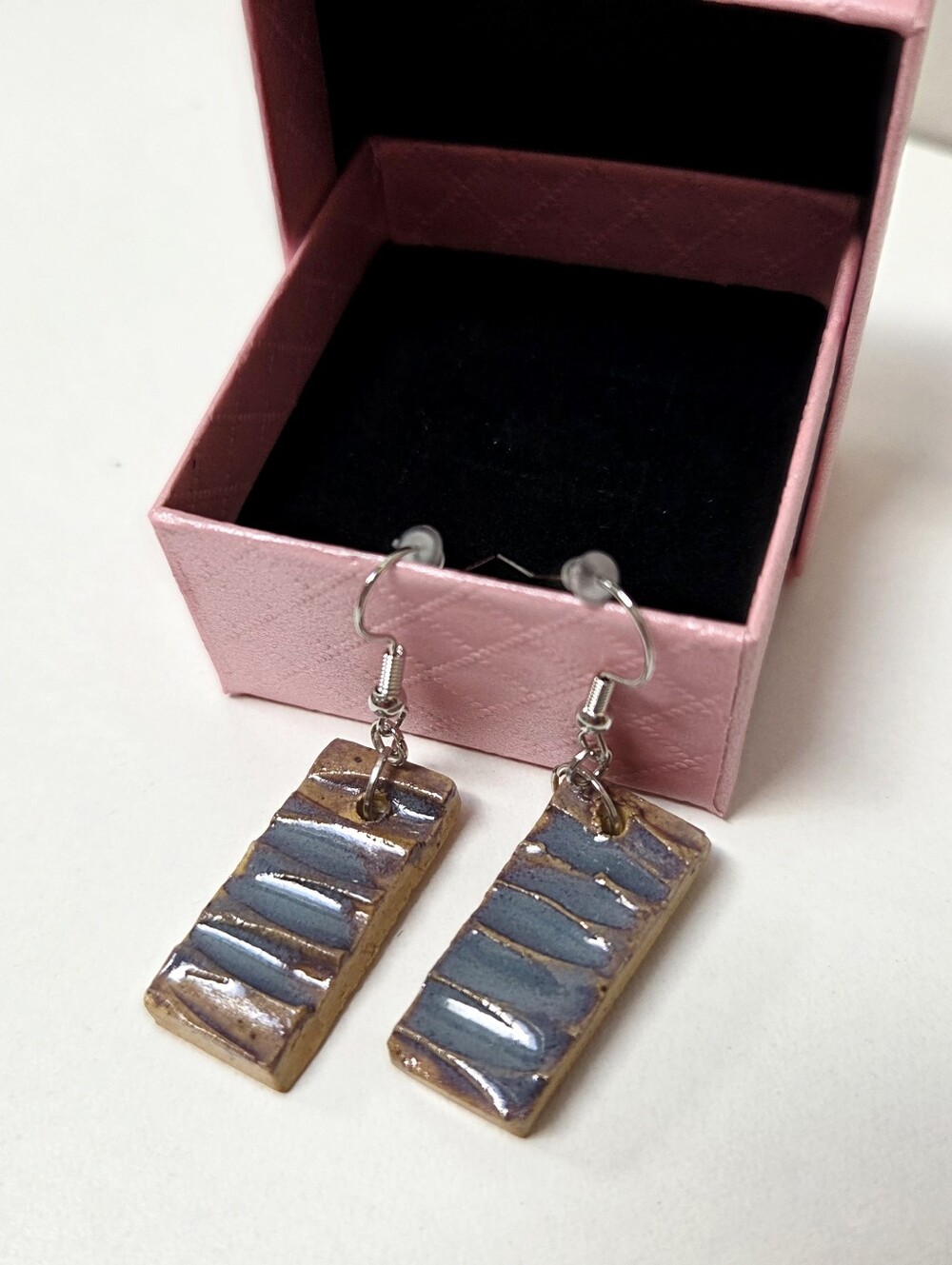 Handmade Blue Ceramic Rectangle Dangle Earrings
